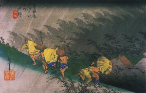 Hiroshige,_Travellers_saurprised_by_sudden_rain